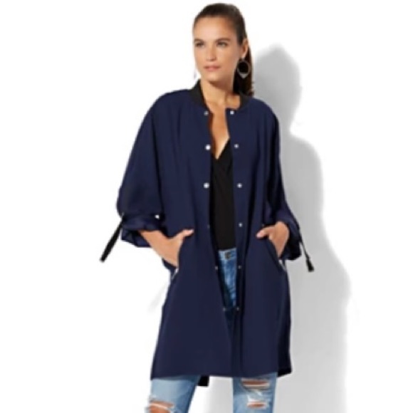 New York & Company Navy Blue Long Bomber Jacket - Picture 8 of 8